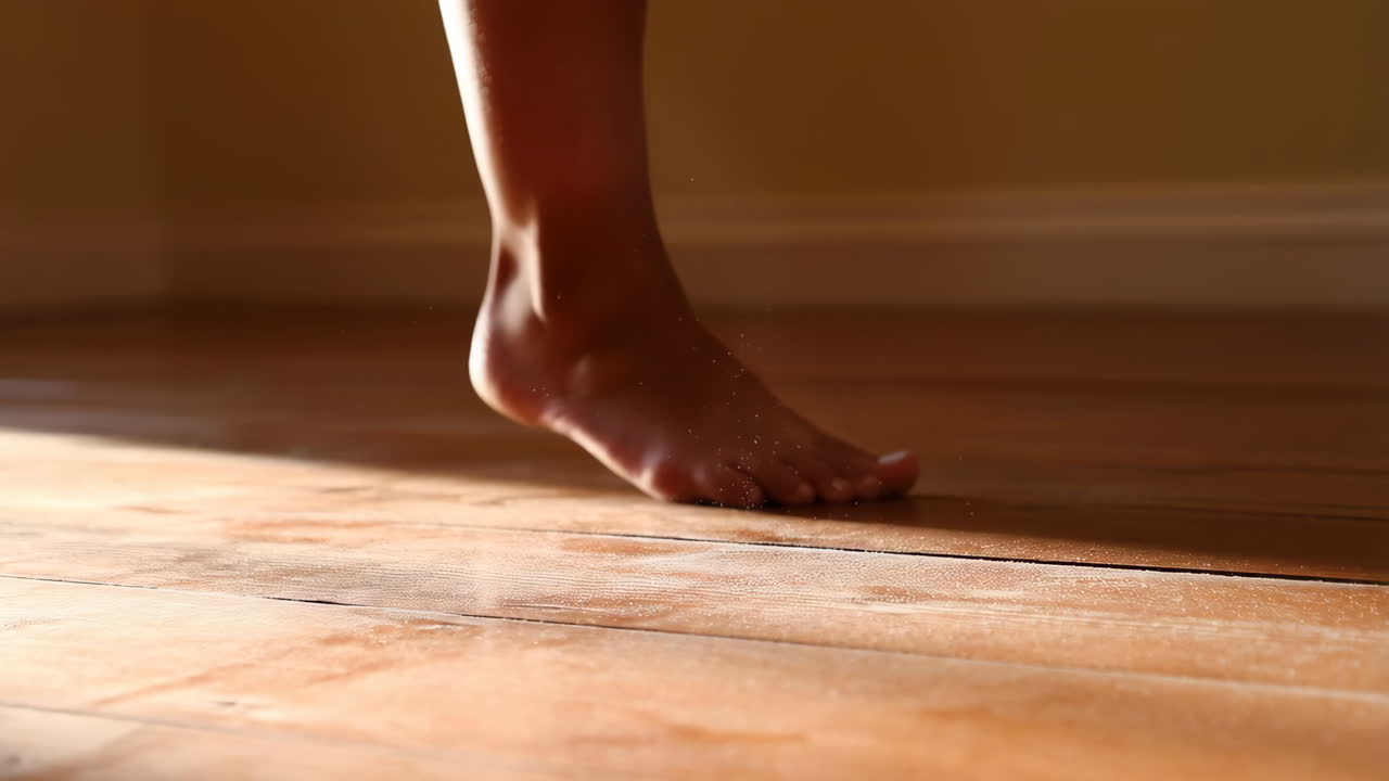 A bare foot steps on a dusty wooden floor illuminated by sunlight