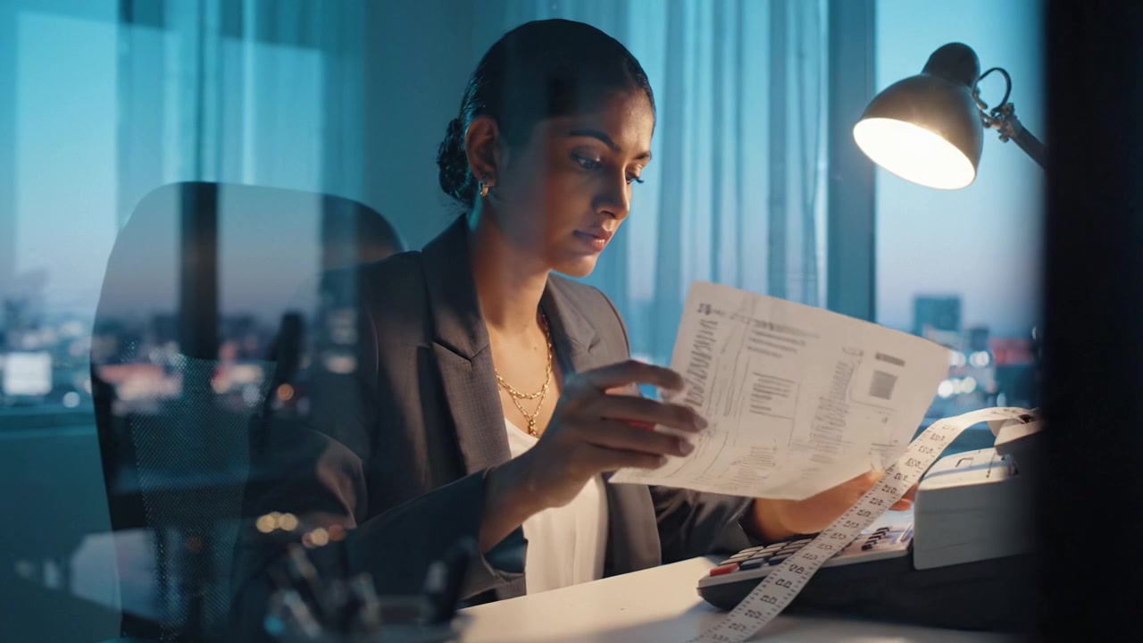 Focused Female Accountant Working Late at Night with Calculator and Tape Measure in Modern Office Setting, Illuminated by Ambient Lighting from Desk Lamp