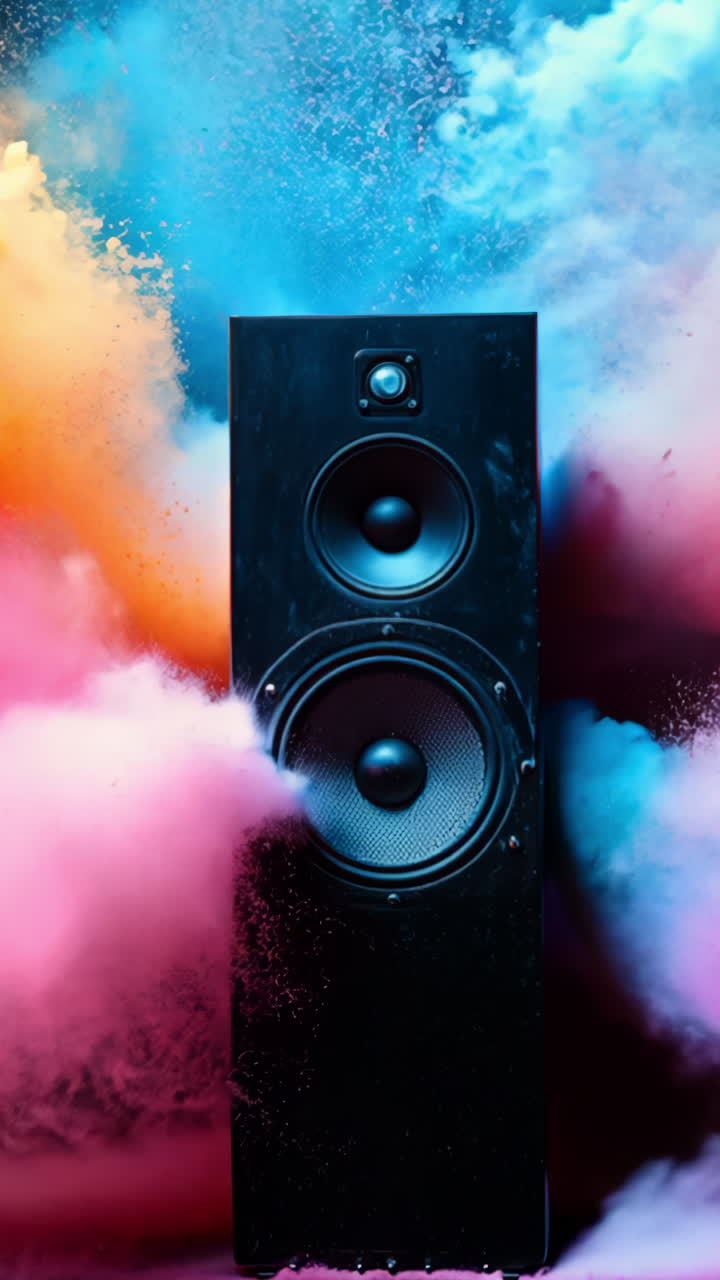 A speaker is surrounded by colorful smoke, creating a vibrant and energetic atmosphere. The speaker is positioned in the center of the image, drawing attention to its presence