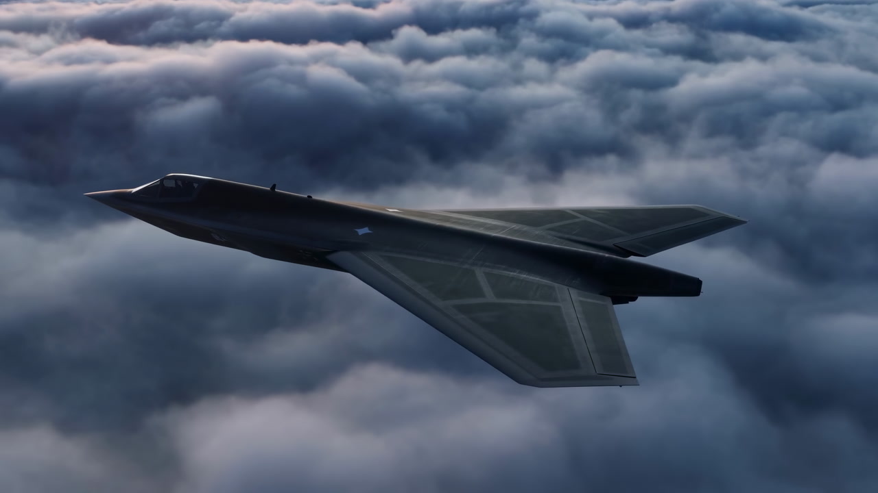 Stealth Bomber Above Clouds At Dawn. Cinematic Low Light, Sleek Black Fuselage Cutting Through Dense Cloud