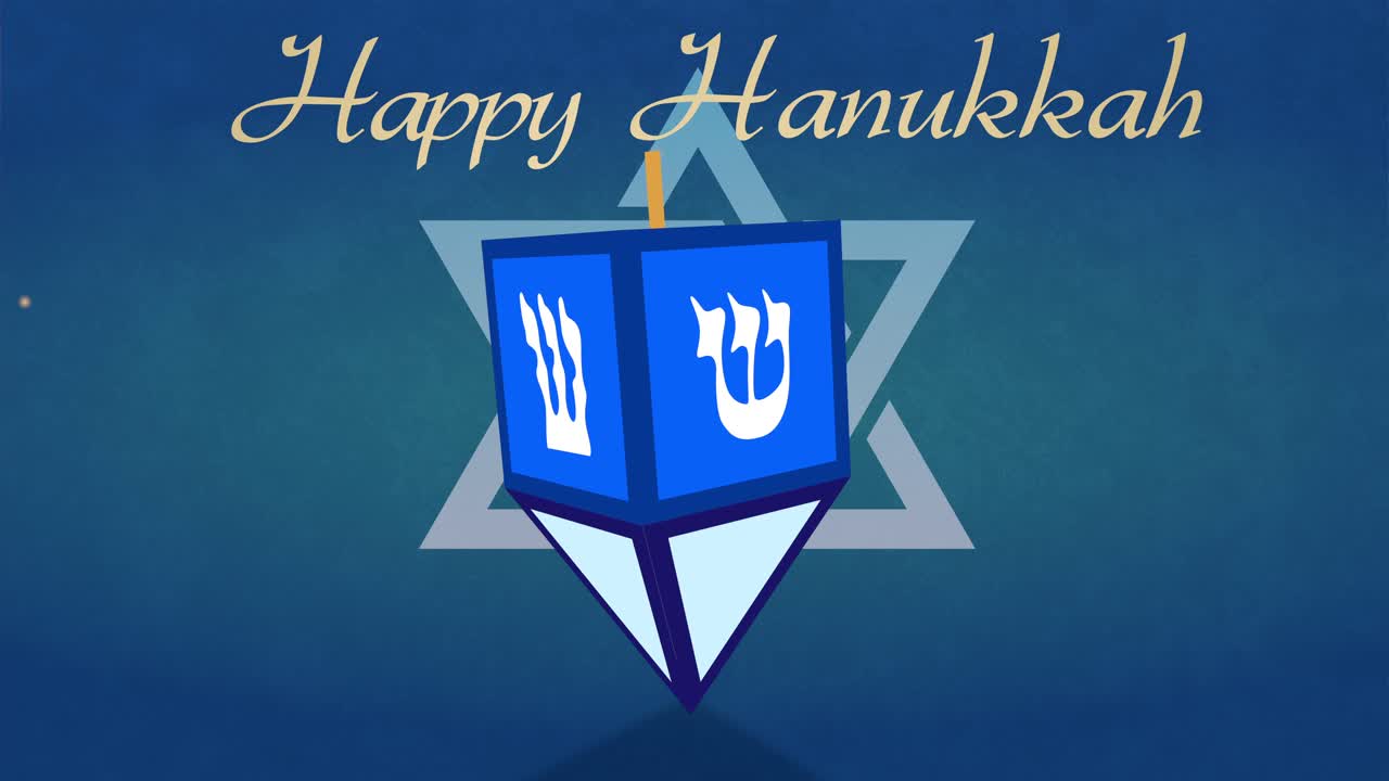 Augurio di Buona Hanukkah animato con un dreidel che gira