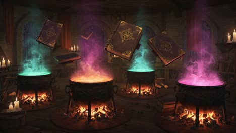 a mystical gathering: floating spellbooks above fiery cauldrons in an enchanted room, surrounded by magical elements and ethereal vapors