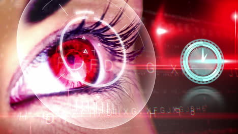 animación de la interfaz digital y el reloj sobre los ojos de la mujer