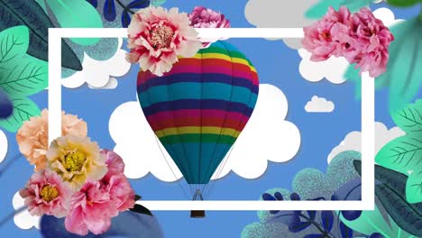 animación de flores en el marco y globo de aire caliente sobre hojas verdes y nubes que caen.