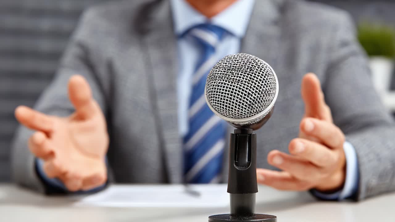 Engaging Speaker at a Conference Table with a Microphone Ready for Presentation, Highlighting Communication and Public Speaking Skills in a Professional Setting