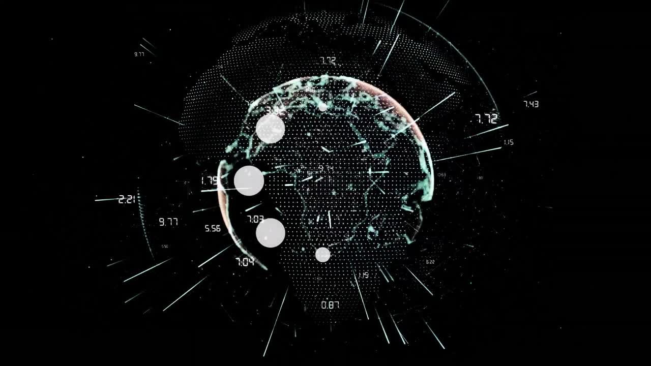 Animation of globe and loading circles data processing over black background