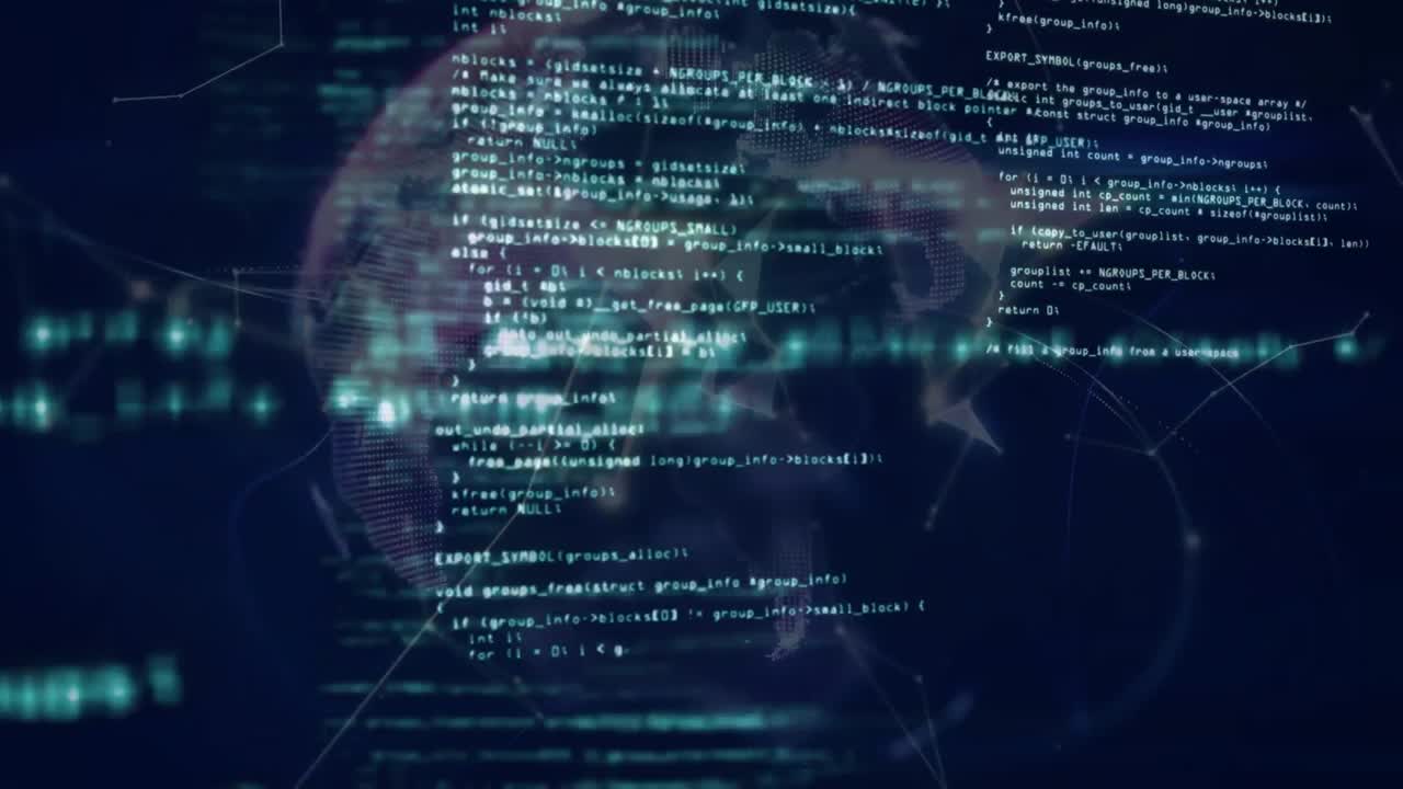 Animation of programming language over globe and dots forming geometric shapes
