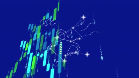 animation of financial data processing and arrows over blue background