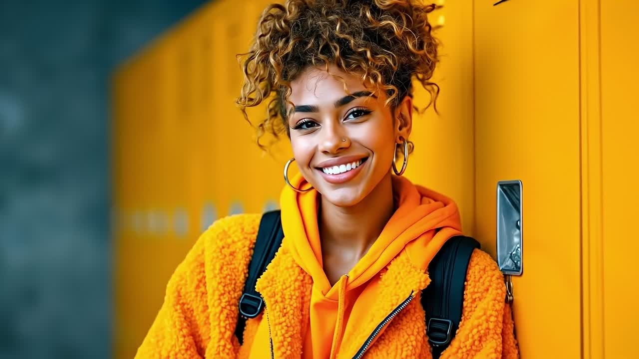 A woman leaning against a yellow locker with a backpack