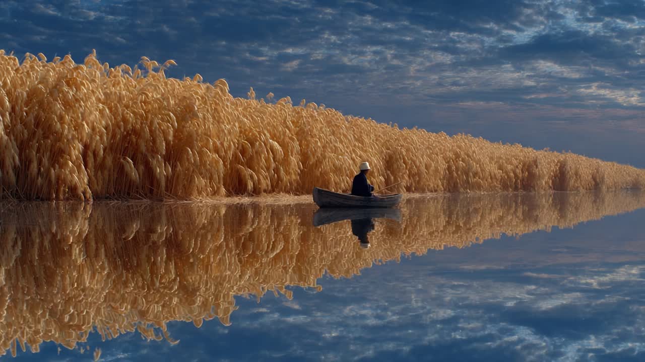A Serene Morning on Calm Waters: A Fisherman in a Boat Surrounded by Lush Reeds and Reflective Skies Captures the Essence of Nature's Tranquility