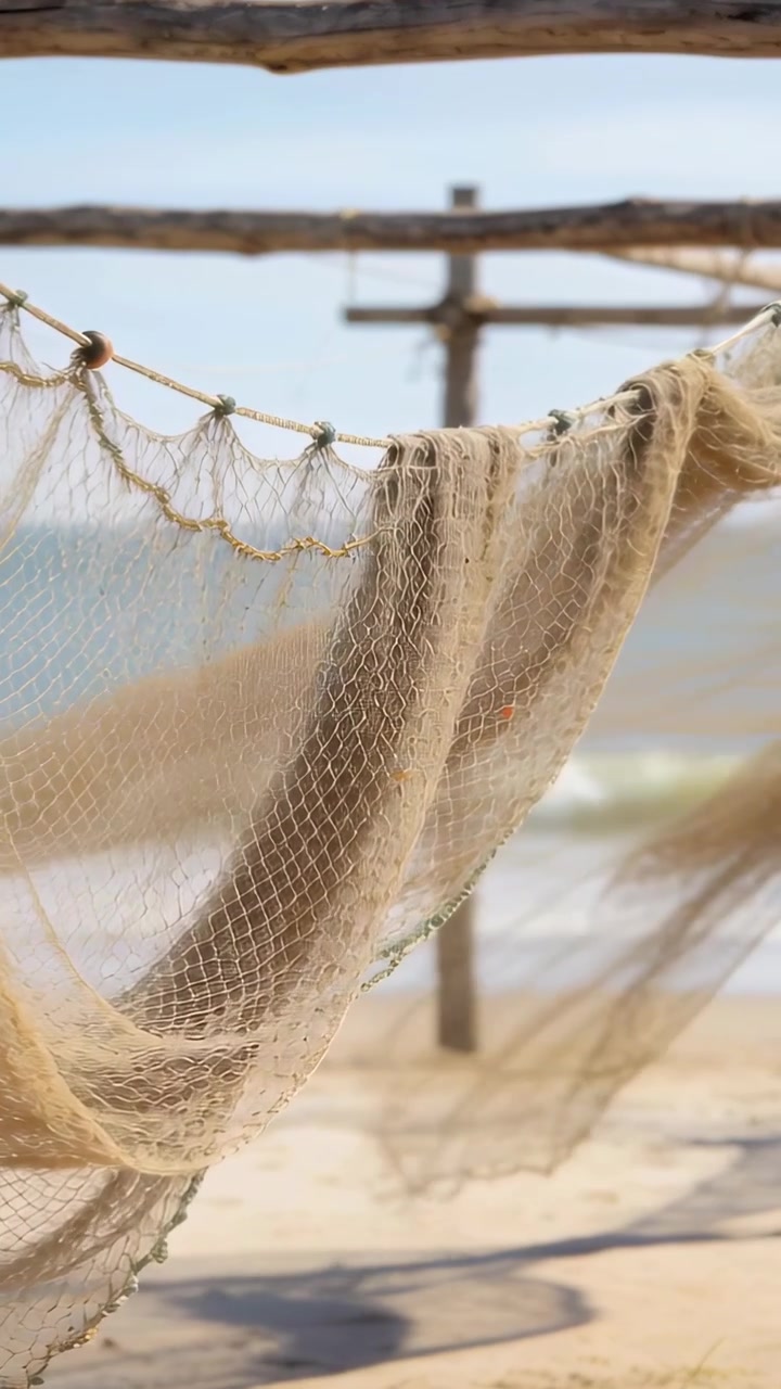 Video verticale: Rete da pesca beige che ondeggia su un cavalletto di legno, corde annodate che oscillano nella brezza sulla spiaggia.