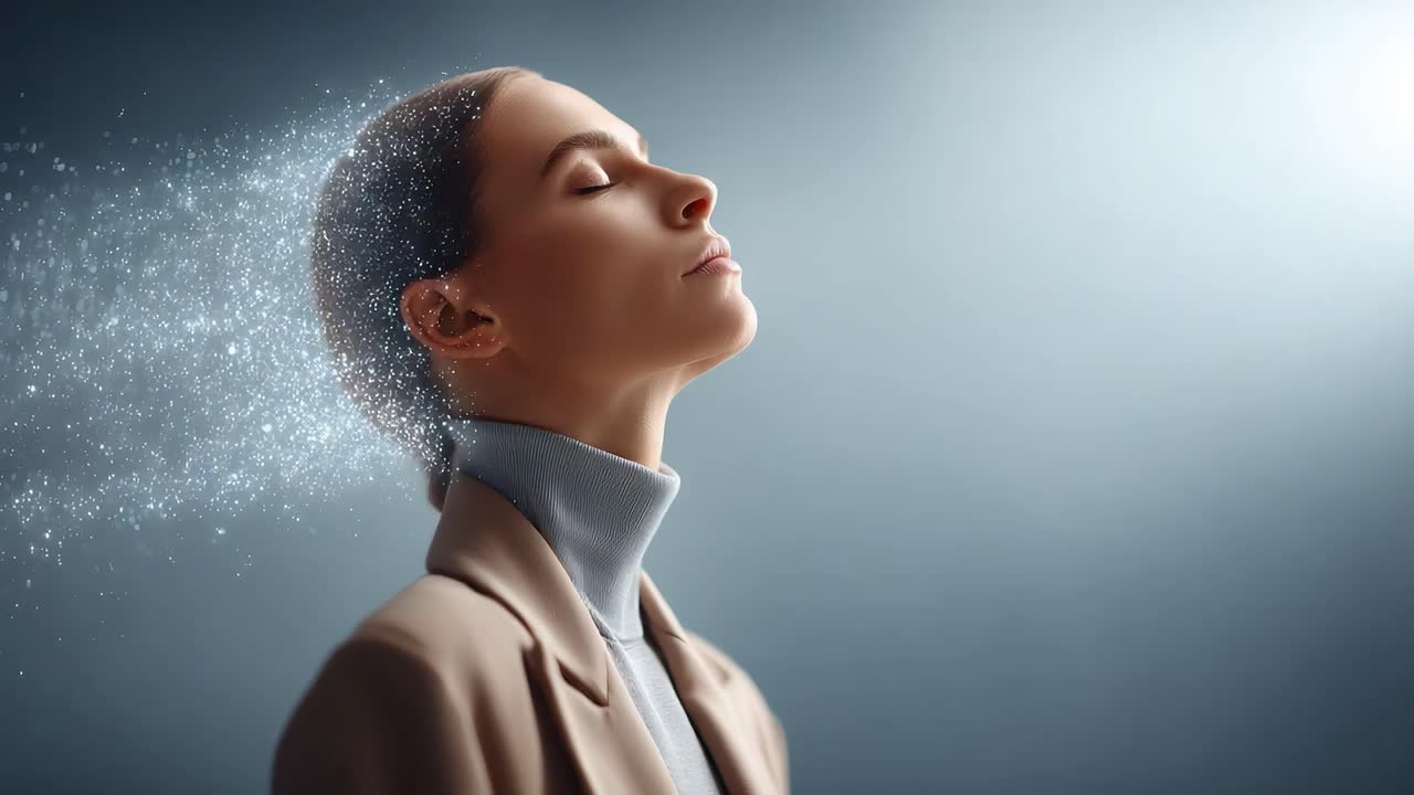 A Serene Moment of Reflection: A Woman with a Calm Expression Surrounded by Ethereal Particles Evoking a Sense of Tranquility and Inner Peace
