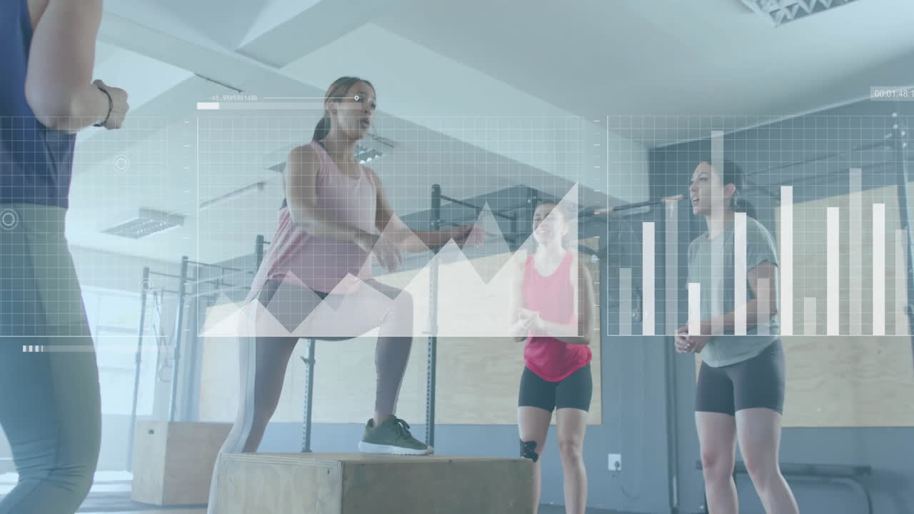 체육관에서 운동하는 다양한 여성에 대한 다이어그램의 애니메이션