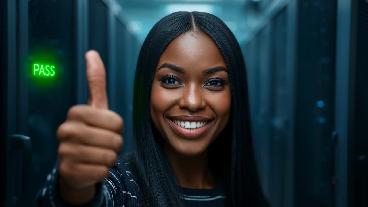 Reacting to PASS indicator, woman in dark striped top giving thumbs-up in data center aisle