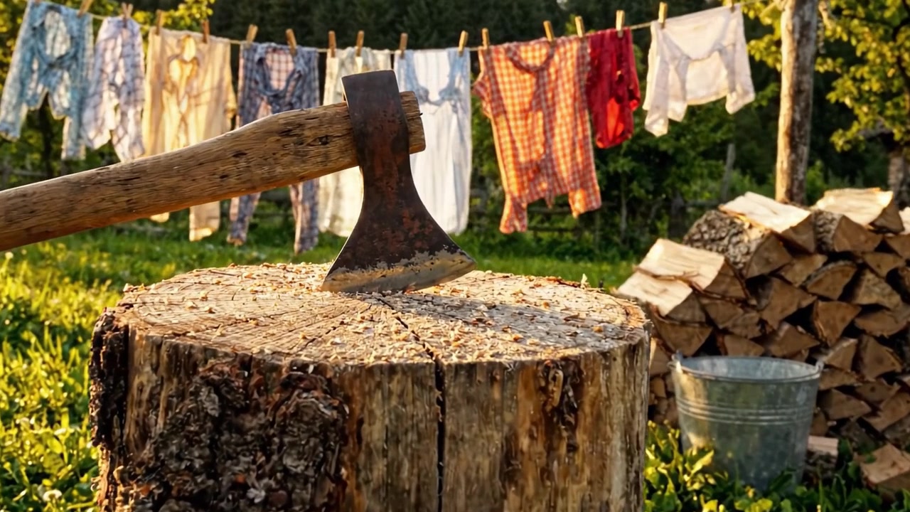 A Rustic Scene of an Axe Resting on a Tree Stump with Clothes Drying in the Background, Capturing the Essence of Outdoor Living and Homesteading Life