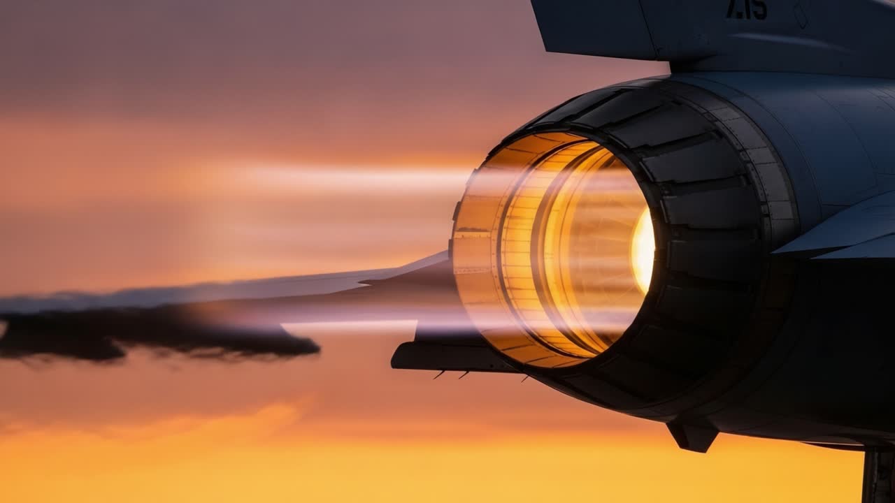 Dramatic Close-Up of Jet Engine Exhaust with Flames Illuminating the Surrounding Sky at Sunset, Showcasing the Power and Technology Behind Modern Aviation