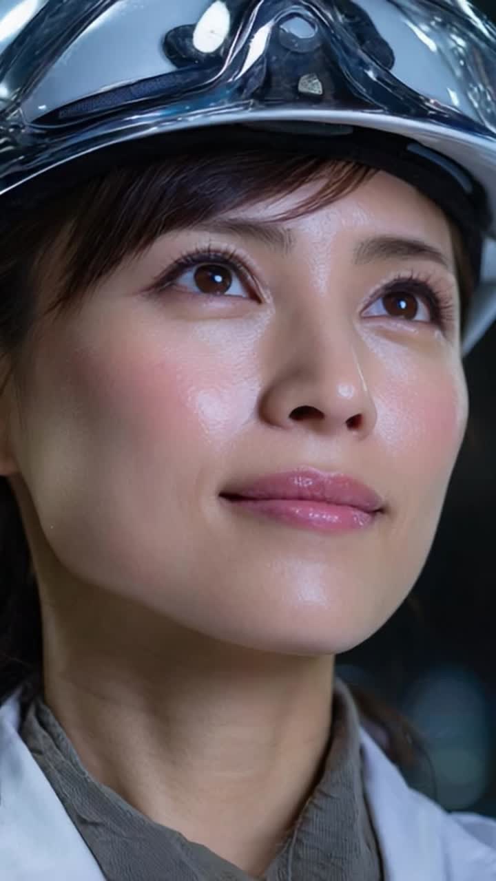A determined woman wearing a safety helmet gazes upward with hope and confidence, embodying professionalism and strength in her working environment