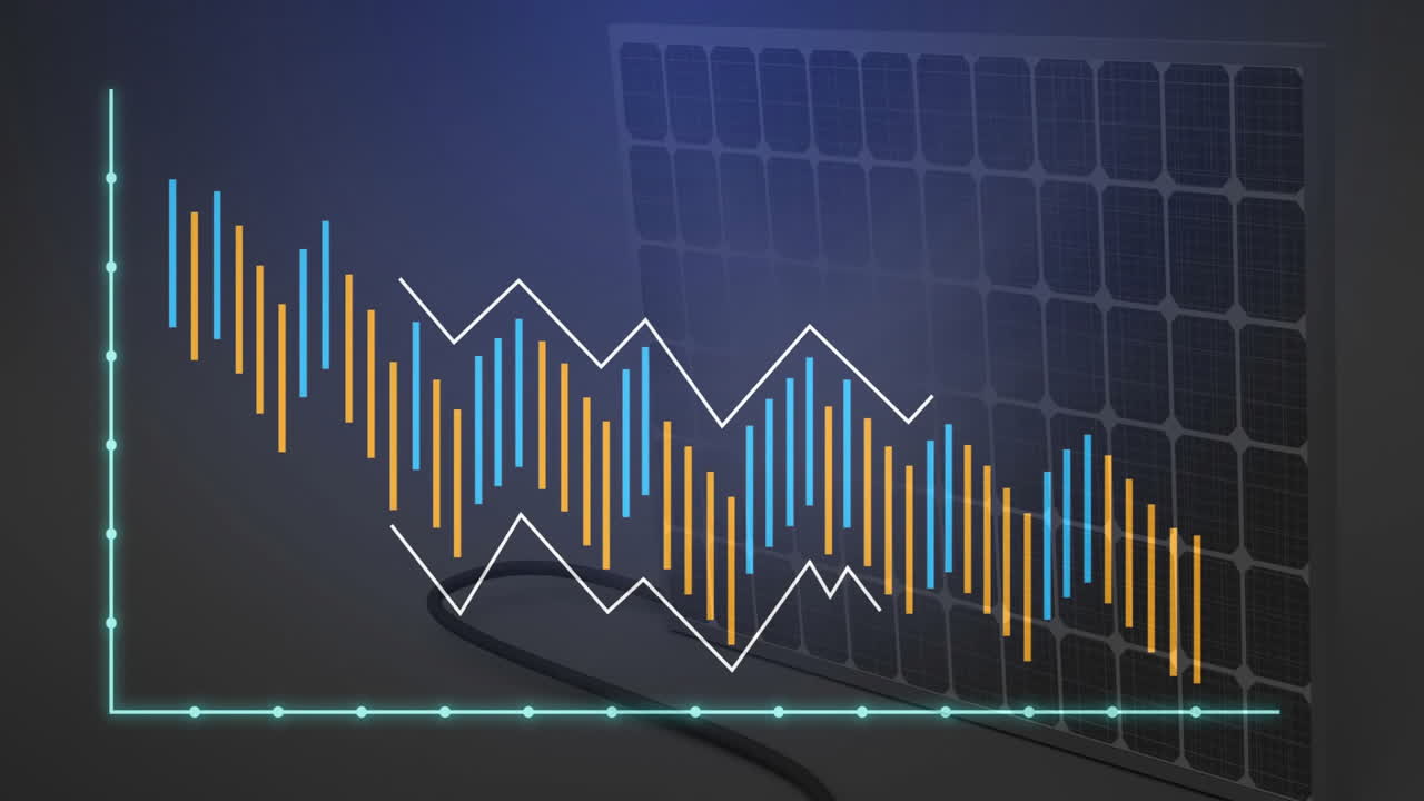 animación fluctuante de barras y gráficos de líneas sobre el fondo del panel solar