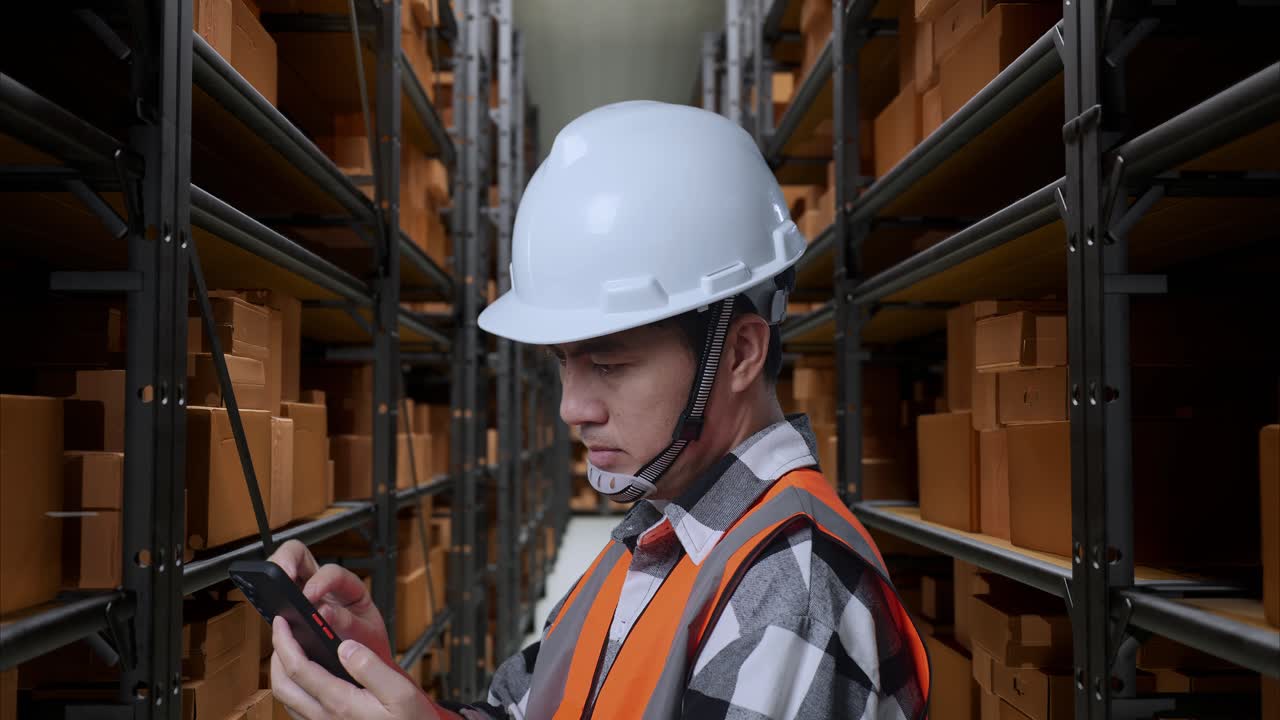 vista lateral de cerca de un ingeniero masculino asiático con casco de seguridad usando un teléfono inteligente mientras está de pie en el almacén con estantes llenos de productos de entrega