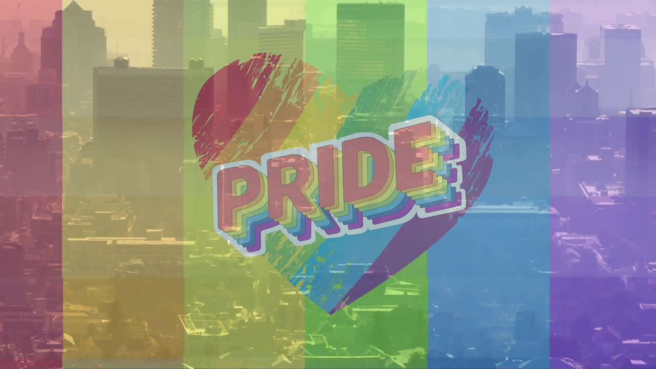 무지개 심장과 도시 풍경 배경에 대한 자부심 텍스트 애니메이션