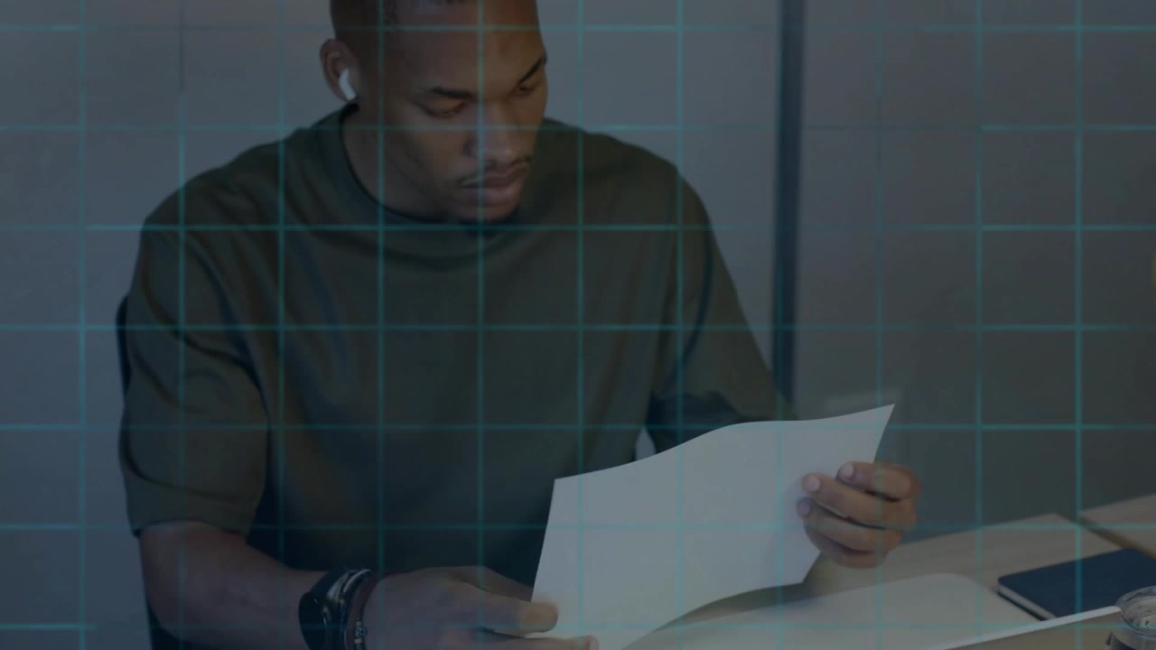 Business worker writing sticky notes and causing HUD ring scanning charts while analyzing report