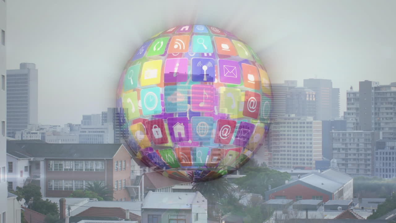 Forming globe, colorful app icons floating over urban cityscape background