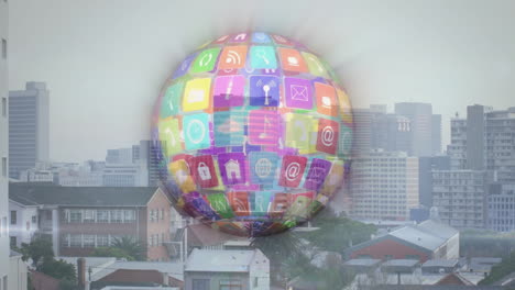 forming globe, colorful app icons floating over urban cityscape background