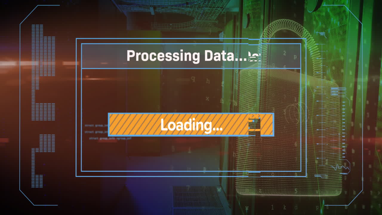 Animation of data processing and padlock icon over server room