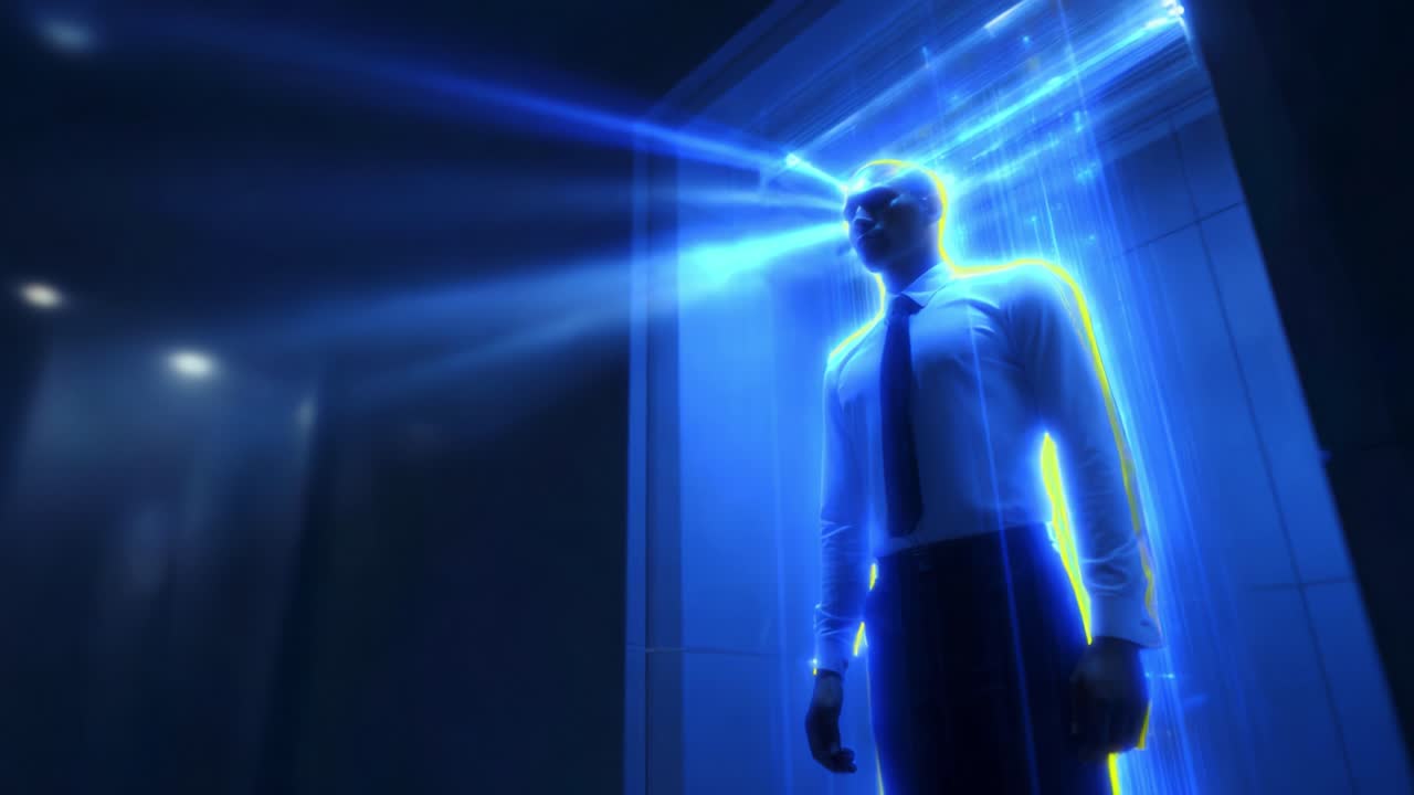 A futuristic figure stands at the threshold of an illuminated door, surrounded by streams of vibrant light that highlight his form against a dark background, signaling a moment of transition