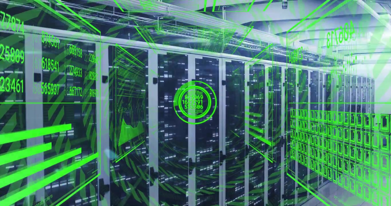 Green grid overlaying racks starting hologram scan and sliding data streams visualizing metrics