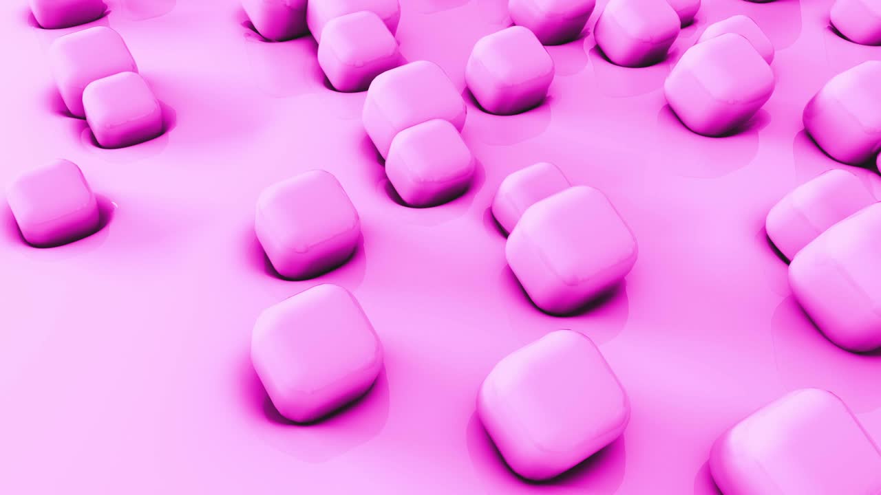 Abstract 3d shapes violet cubes flying on soft surface. 4k render animatioon. Looping footage.