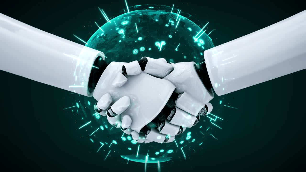 Rendering 3D di stretta di mano di un robot ominoide per collaborare alla tecnologia futura