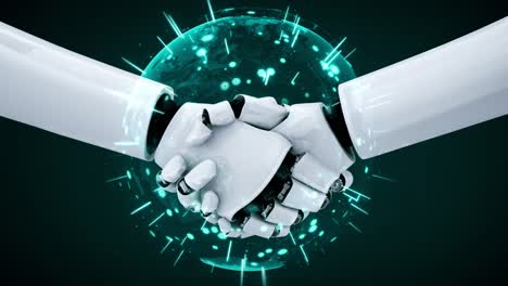3d rendering hominoïde robot handdruk om samen te werken met toekomstige technologie