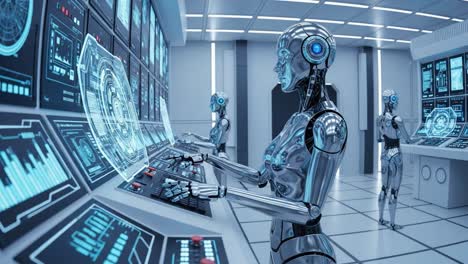futuristic robotics control room featuring advanced cybernetic models interacting with high-tech interfaces for data analysis and monitoring operations