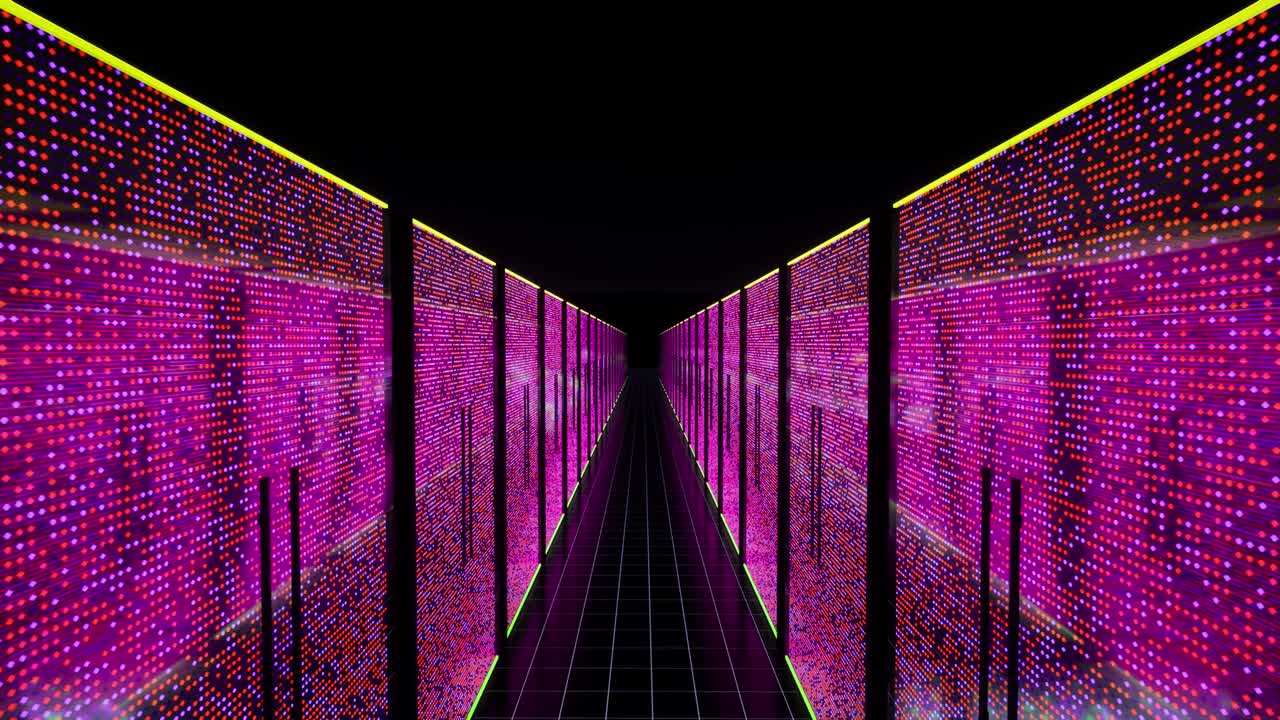 Modern data center servers room with neon lights AI iot learning 4k