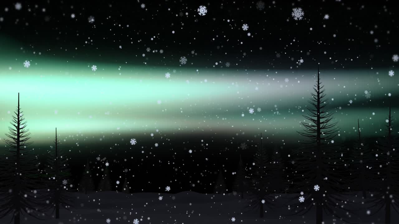 Animaatio lumihiutaleista ja revontulista metsämaiseman yllä.