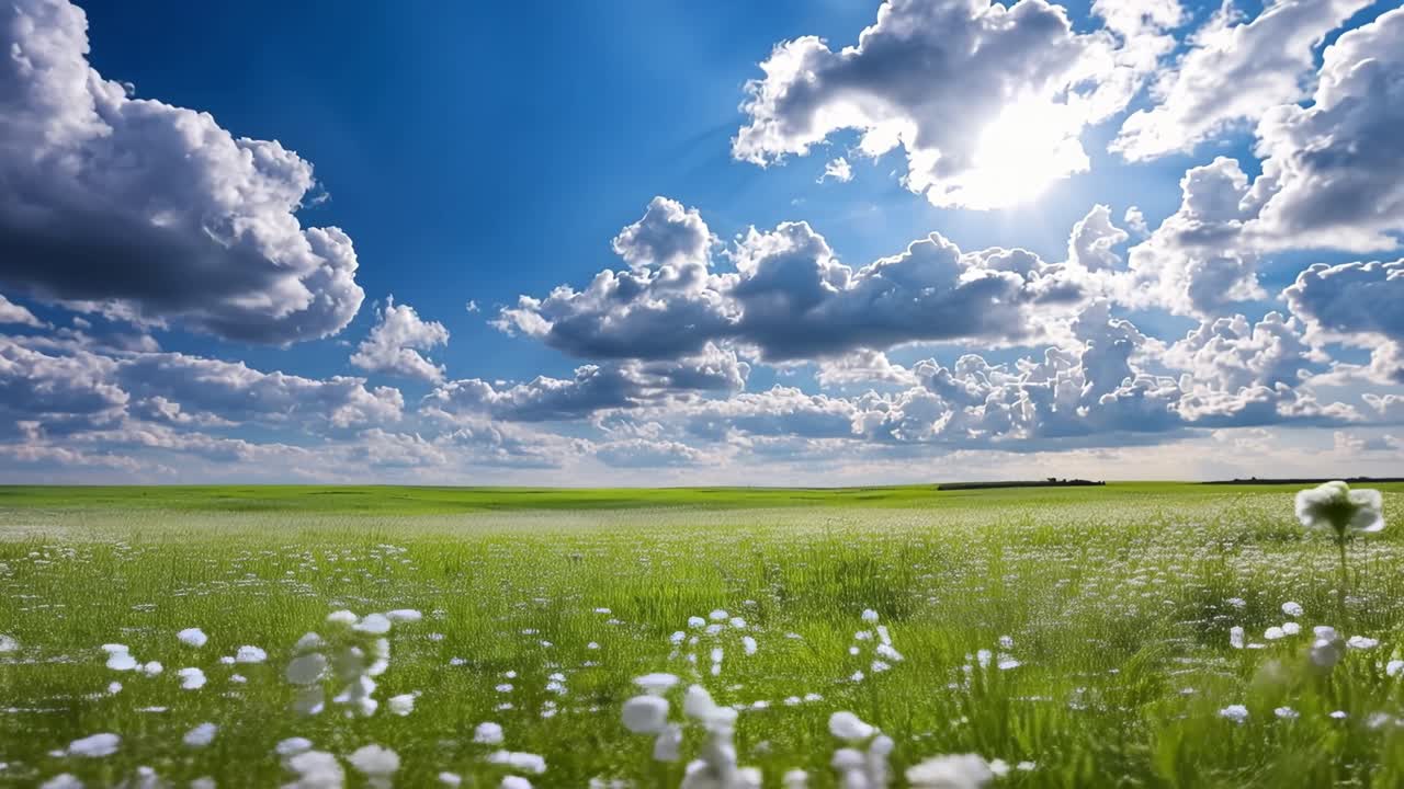 Et stort grønt felt blomstrer under en lys blå himmel. Hvide blomster pryder det græsklædte område. Bomuldslignende skyer driver dovent over hovedet. Solstråler gennembryder horisonten med gyldent lys