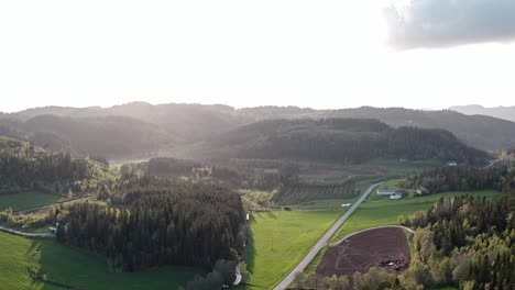 Weite-Landwirtschaftliche-Landschaft-Mit-Kiefern-Im-Frühling-In-Indre-Fosen,-Norwegen