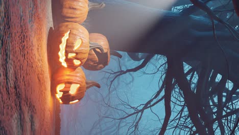 Spooky-Halloween-scene-in-haunted-forest-with-pumpkins-and-mist,-vertical