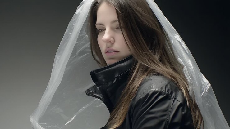 Un'immagine suggestiva di una donna con una giacca nera e un velo di plastica trasparente, che evoca un senso di mistero e fascino mentre guarda pensierosa in un ambiente minimalista.