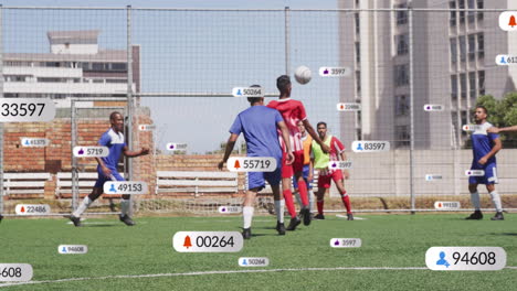 Animación-De-íconos-Y-Procesamiento-De-Datos-Digitales-Sobre-Diversos-Jugadores-De-Fútbol-En-El-Campo.