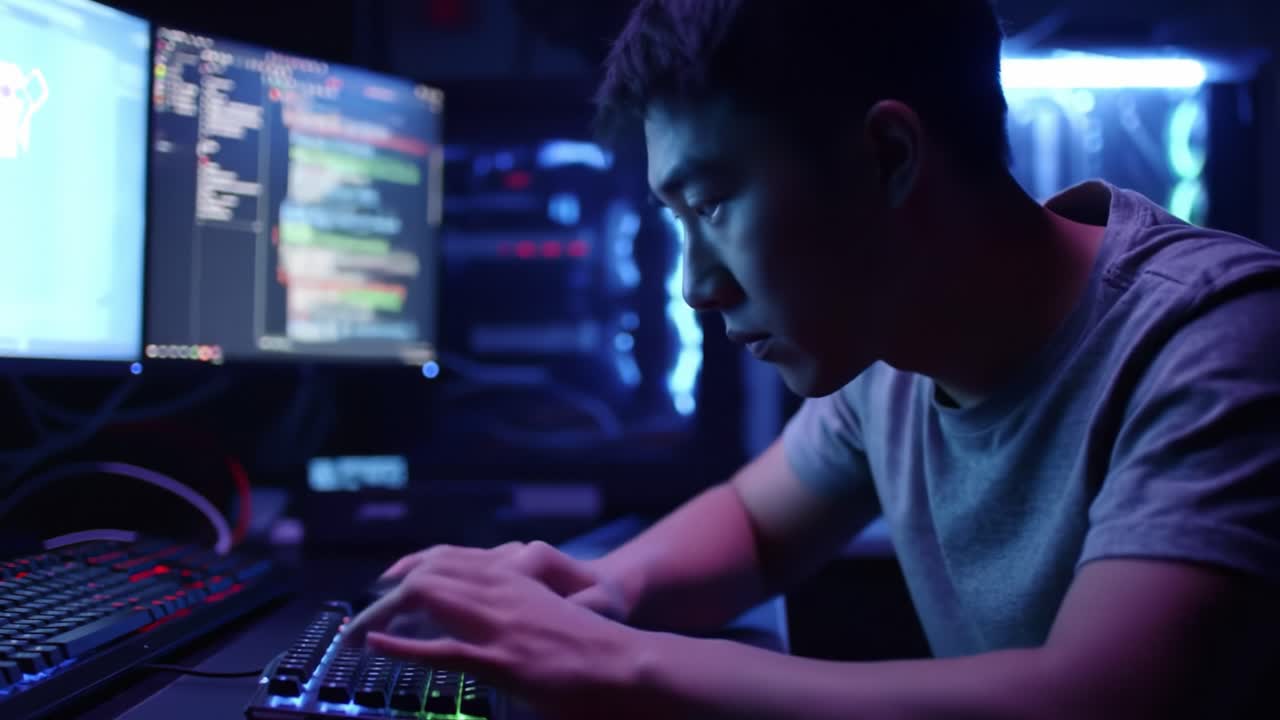 A focused individual engages deeply with coding in a dimly lit environment, surrounded by multiple computer screens displaying intricate lines of programming, reflecting dedication and skill