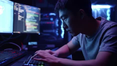 a focused individual engages deeply with coding in a dimly lit environment, surrounded by multiple computer screens displaying intricate lines of programming, reflecting dedication and skill