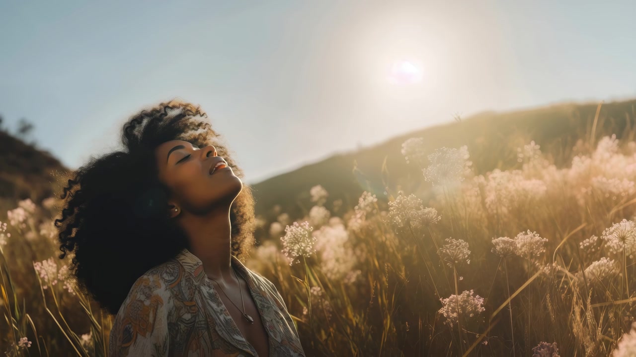 Young Woman Enjoying Warm Sunlight in a Meadow