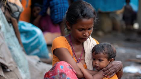 compassionate mother wearing orange t shirt and pink pants embracing her child, expressing deep emotional bond within challenging living conditions of urban poverty