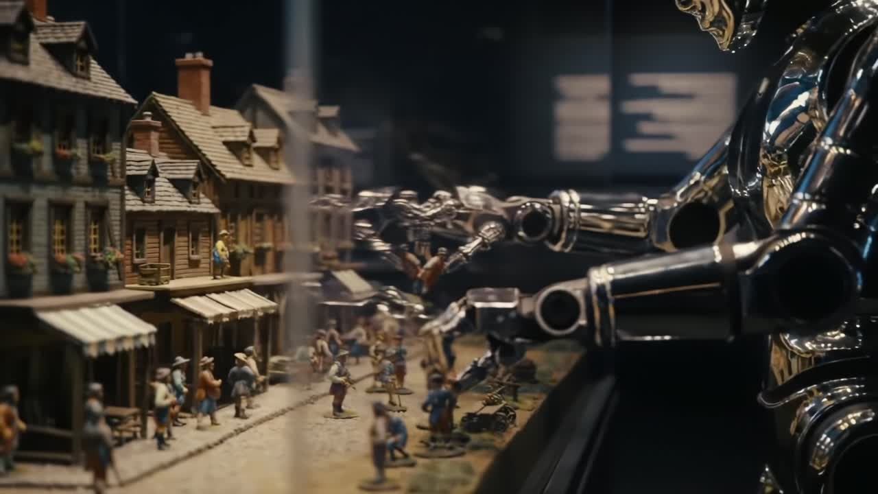 A Robotic Arm Interacting with Miniature Figures in a Detailed Village Scene, Showcasing the Intersection of Technology and Artistry in Contemporary Displays