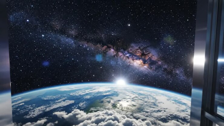 Blick aus dem Fenster auf die Erde und die Galaxie