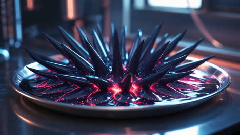 ferrofluid reacting to a magnetic field with red glow