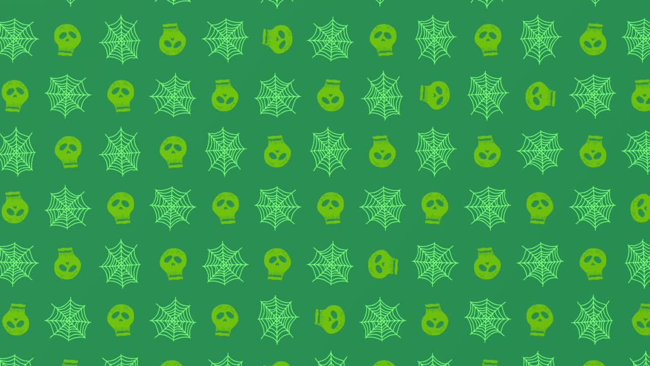 Animation of green texture with moving spiders web and skulls