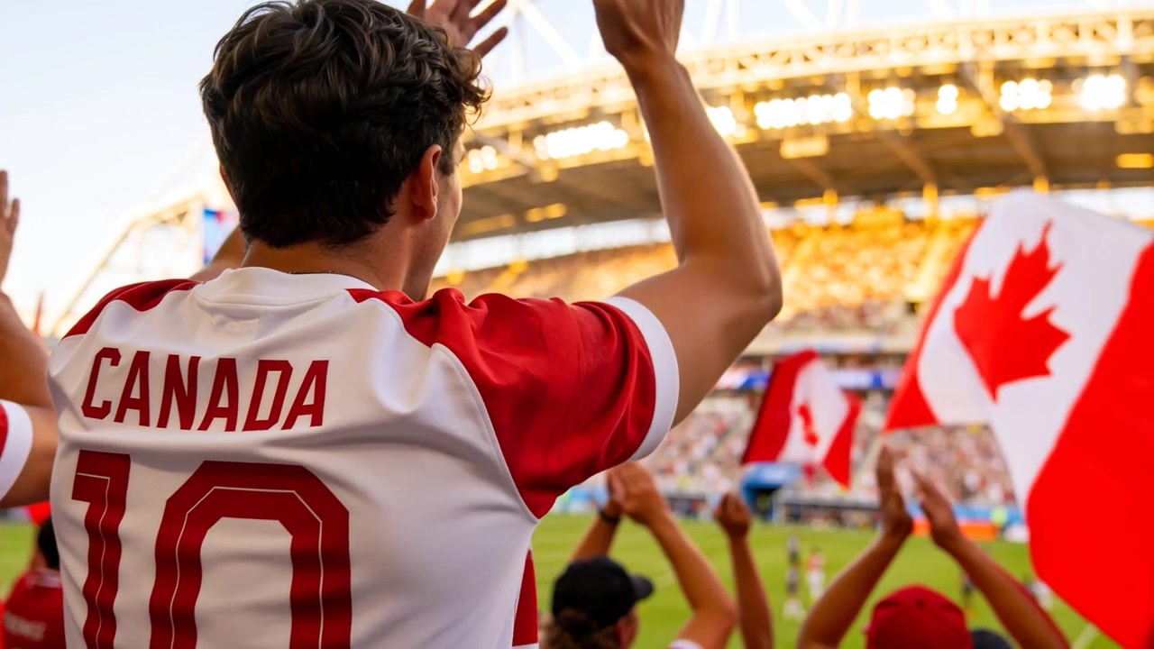 Reagerer på spillet på banen, en sentral supporter iført Canada-drakt nummer 10 klapper på stadion med flagg.